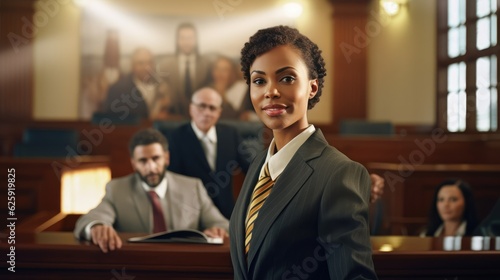Fotografia Lawyer black woman in court room presents side interests in dispute before judge