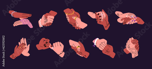 Hi gestures set. Two friends hands greeting together, welcoming with handshake, fist bump, punch, palm clap, touch. Different hello types, manners. Isolated flat graphic vector illustrations