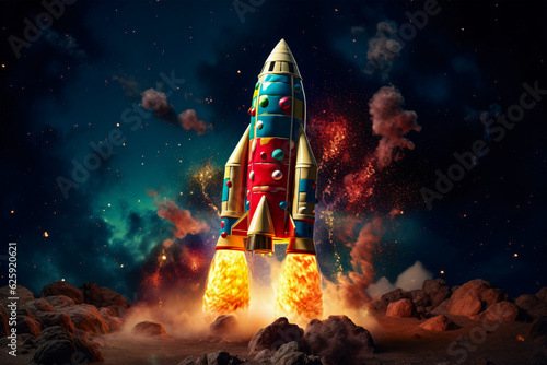 Vibrant Rocket Soaring in the Sky with Billowing Smoke, Generative AI