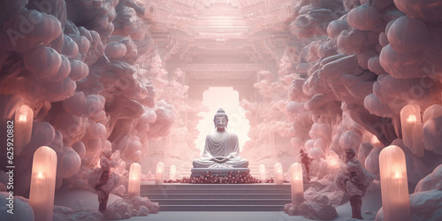 Buddha Statue in Serene Room with Candles and Clouds, Generative AI