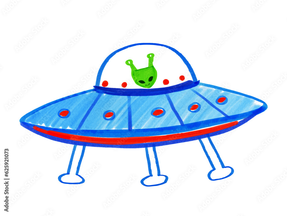 Felt pen child drawing of cute alien in space shuttle Felt pen child drawing of cute alien in space shuttle