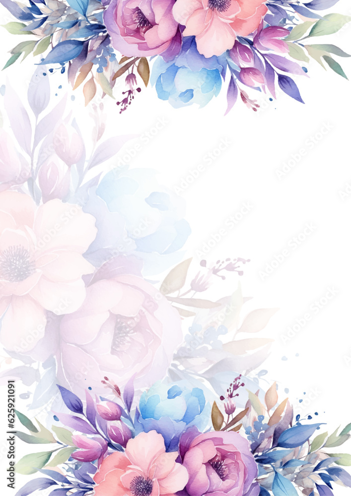 Floral border, greeting card with flowers, can be used as invitation card for wedding, birthday and other holiday and summer background, watercolor peonies