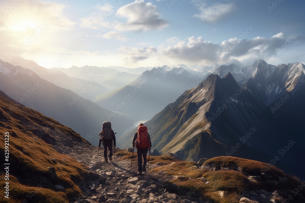 Photograph of people hiking in mountains with panoramic views, Generative AI