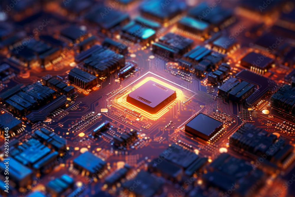 High-resolution close-up of computer chip on printed circuit board ...