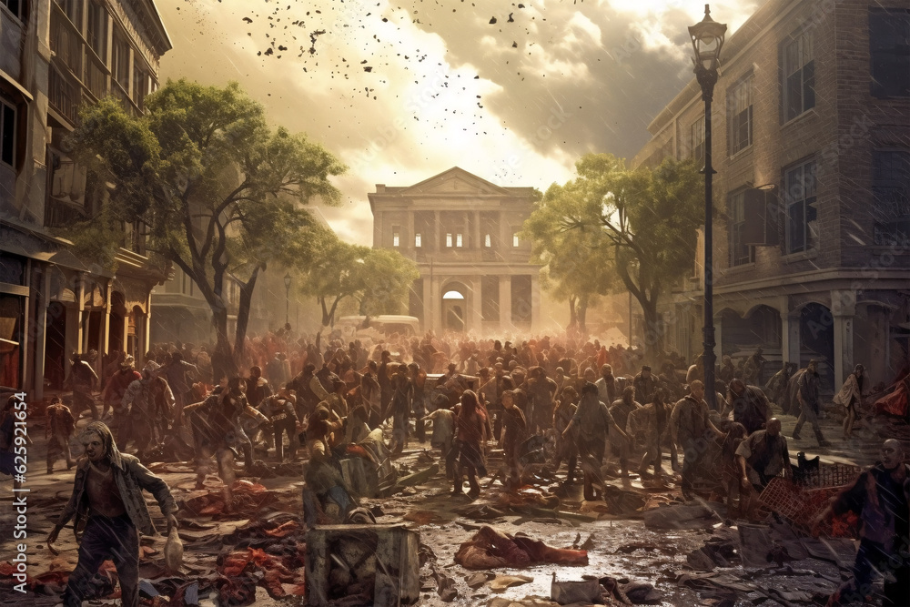 Apocalyptic Scene Zombies Invade City Street as Generative AI Creates