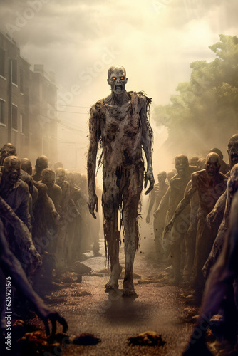 Apocalyptic Scene: Zombies Walking Amongst Crowded Street, Generative AI