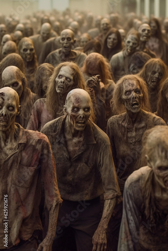 Arafed Group of Zombies Walking in Crowded Hall, Generative AI