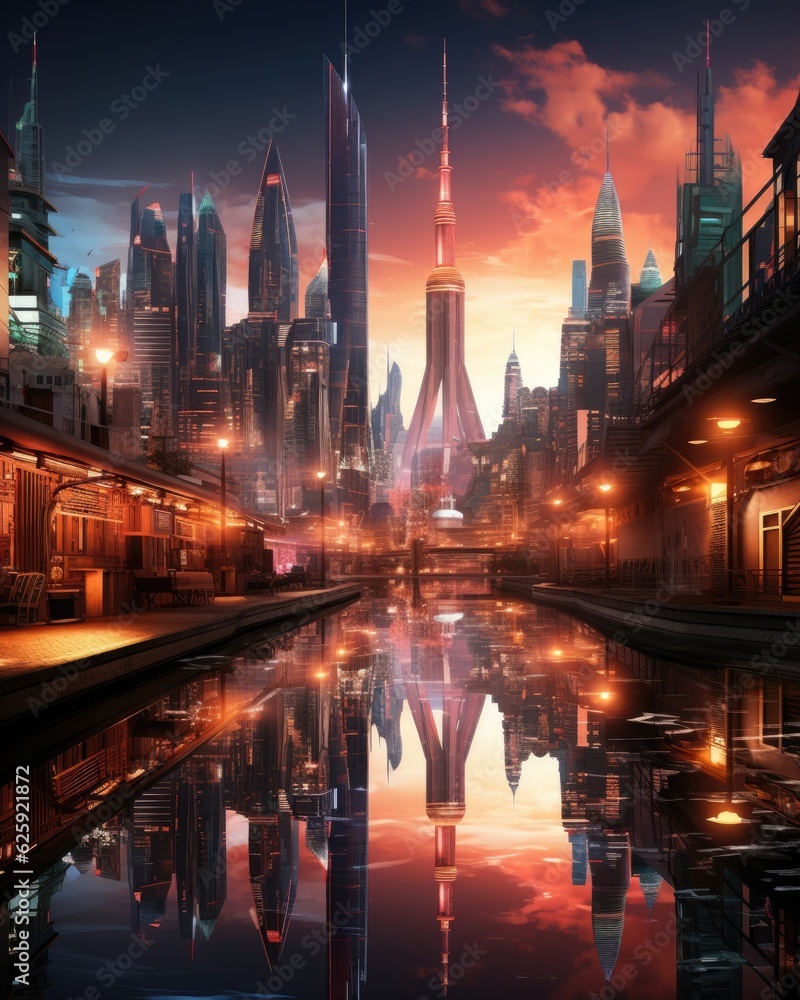 The foreground shows a reflection of a futuristic neon cityscape. (Generative AI)