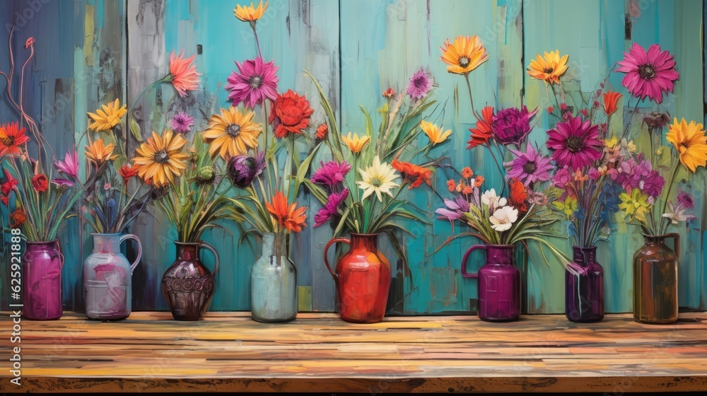A floral still life on a wooden table. (Generative AI)