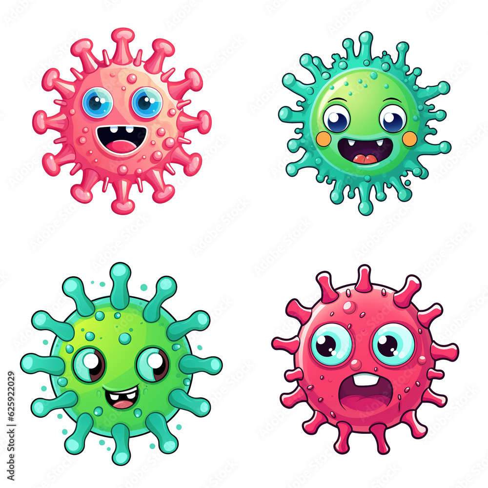Set of Germs, Virus, Bacteria cartoon character illustration isolated on transparent background. Digital illustration generative AI.