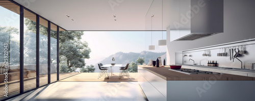 Spacious Kitchen with Table, Chairs, and Large Window - Generative AI © Bipul Kumar