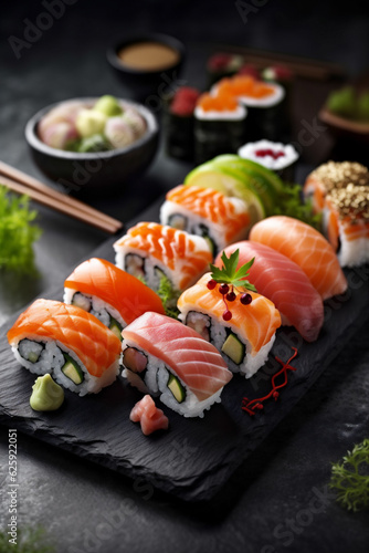 meal sushi rice fish set seafood japan food roll japanese. Generative AI.