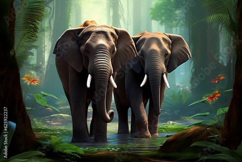 Elephants Roaming the Jungle. Generative AI