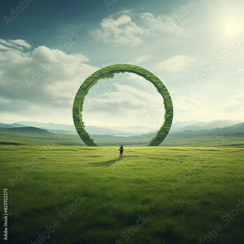 landscape with mountain, the circle over field, illustration by generative AI.