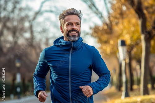 Portrait of a middle-aged man jogging in the park. photo