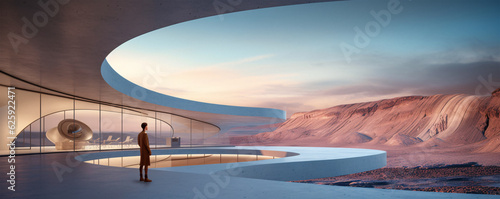 Man in Futuristic Building Gazing at Desert Landscape, Generative AI