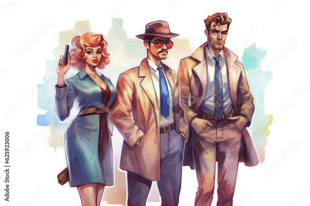 Obraz premium happy detective man and woman in watercolor art, labor day banner, copy space, isolated background