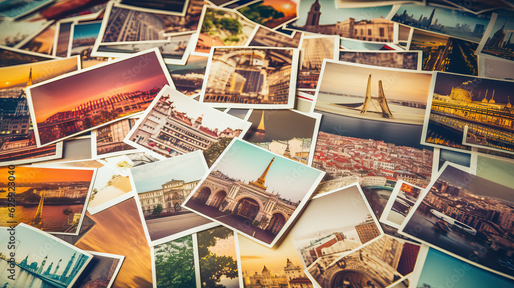 travel photos of different landmarks and tourism destinations on table - obrazy, fototapety, plakaty 