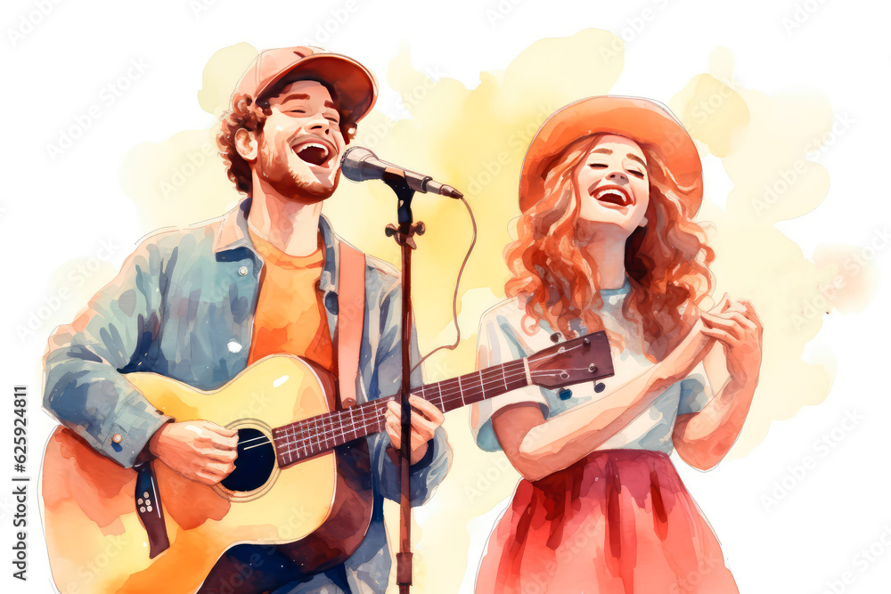 happy singer man and woman in watercolor art, labor day banner, copy space, isolated background happy singer man and woman in watercolor art, labor day banner, copy space, isolated background