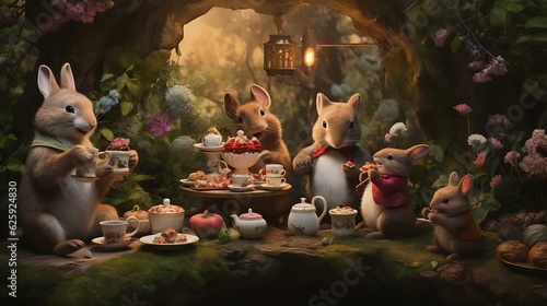 a group of bunnies sitting at a table with food and drinks