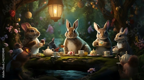 a group of bunnies sitting on a ledge with tea cups and teacups