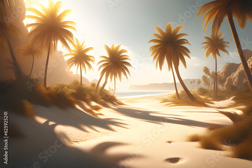 sunset on the beach with palm trees. Generative AI