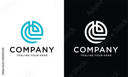 letter initial e circle geometric monogram blue on a black and white background.