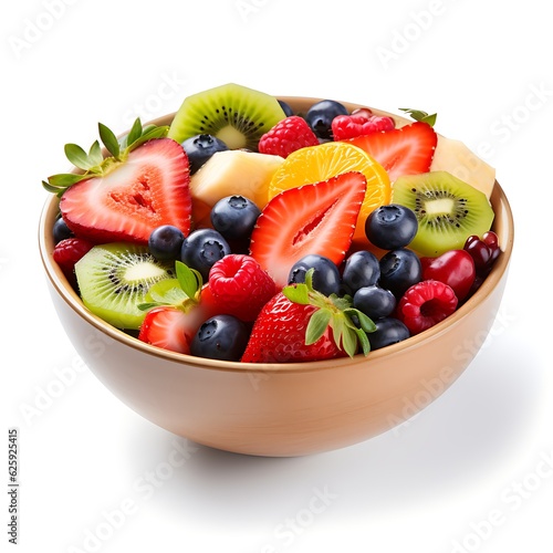 summertime fruit salad in a bowl  with slices of strawberries  kiwi orange  blueberries isolated on a white background