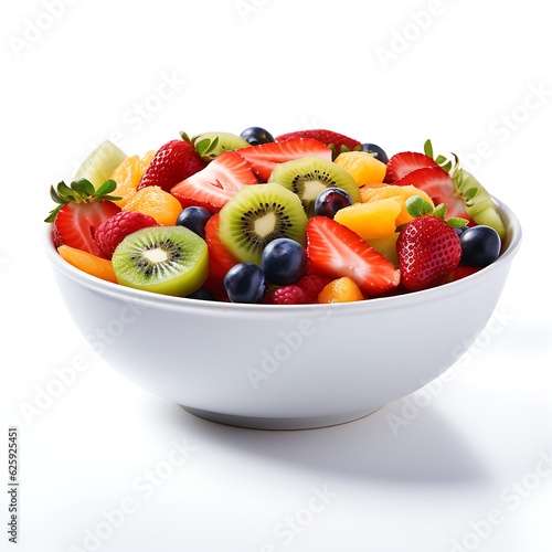 summertime fruit salad in a bowl, with slices of strawberries, kiwi,orange, blueberries isolated on a white background