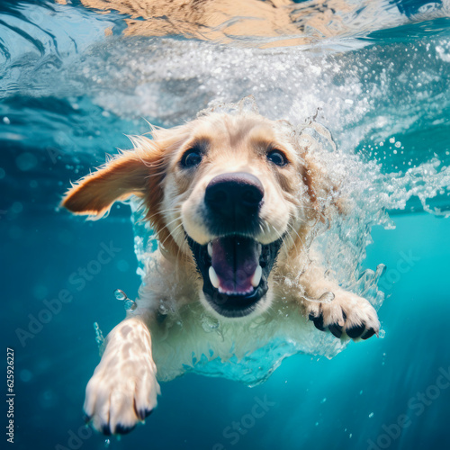 dog swimming under water.