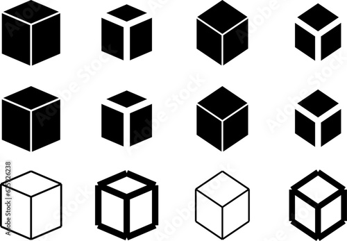 3D Style Simple Various Wireframe  Cube Box Cargo Parcel Set in Perspective. Vector Image.