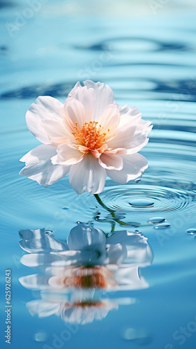 white flower in water water blue flower reflected in water