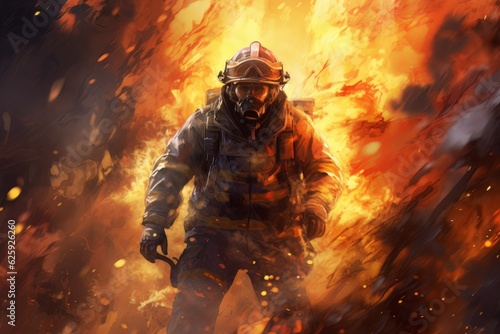 A dynamic illustration of a brave firefighter in action, battling flames and smoke © Adito