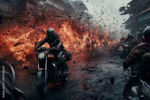a motorcycle chase an explosive and desctruction photo