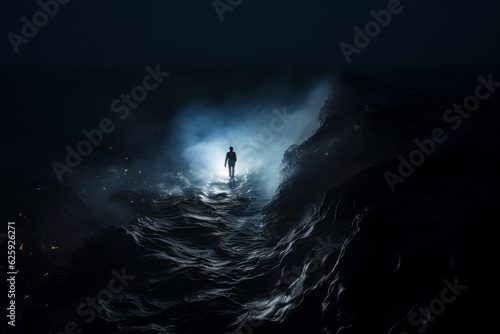 a man walking in storm sea waves cinematic