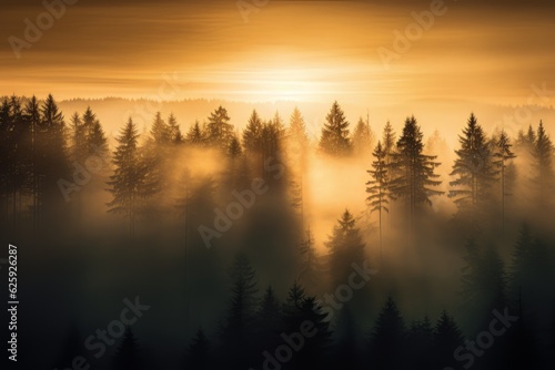 Abstract sunset scene with the sun casting shadows in the shape of pine trees on fog