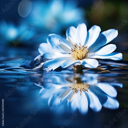 white flower in water,water blue flower reflected in water