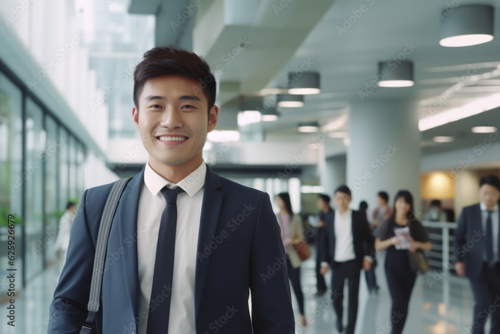 Young asian professional business man standing and smile in blur office background Young asian professional business man standing and smile in blur office background