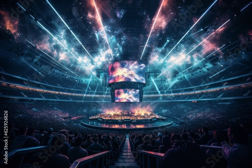 The Arena of Champions Depict a massive futuristic stadium filled with cheering fans and bright lights