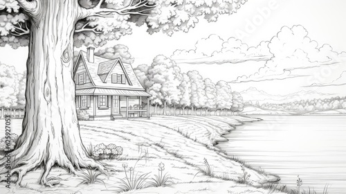 There is a house near a river by a field. (Generative AI)