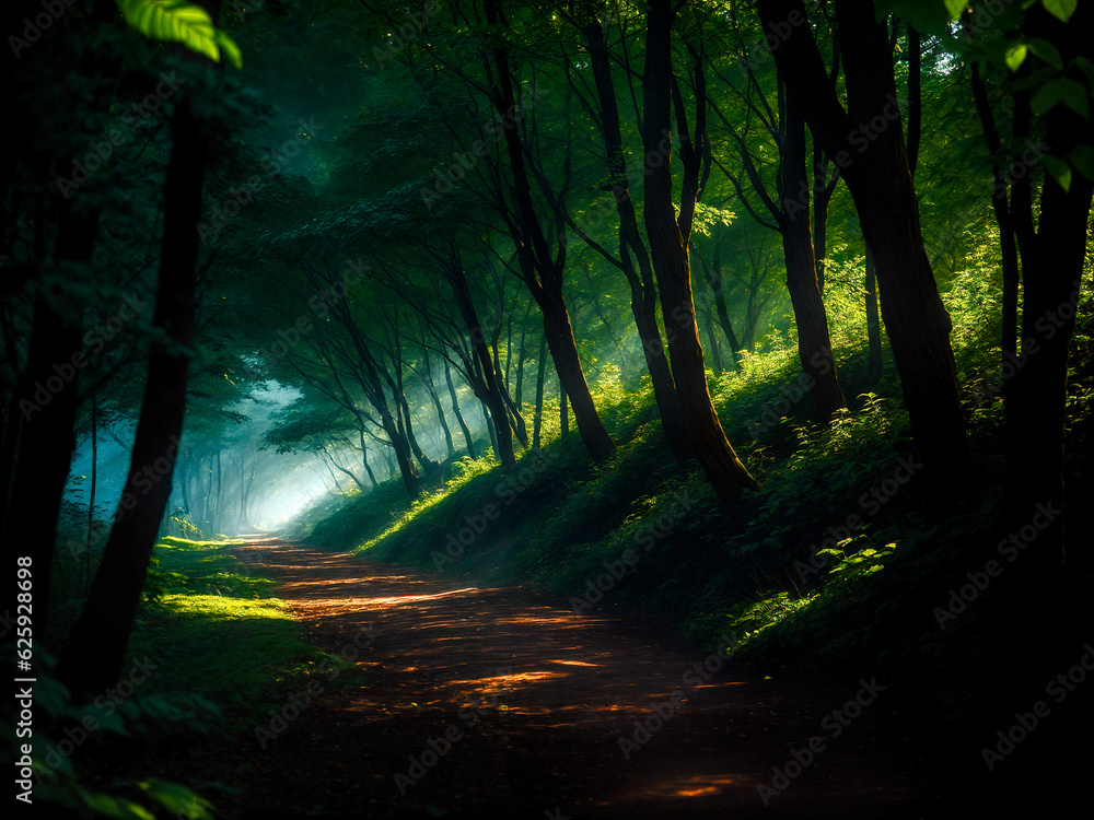 Path in the woods. Morning sunlight streaming through the trees. Concepts of environment, outdoors and nature.