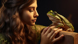 Dreamy portrait of young woman with frog, fairy tale, frog becomes prince, earthy colors