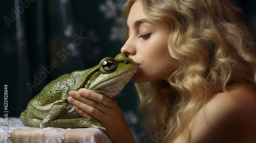 Dreamy portrait of blond young woman kissing a frog, fairy tale, frog becomes prince. Generative AI.