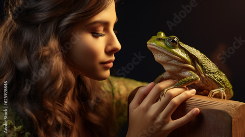 Dreamy portrait of young woman with frog, fairy tale, frog becomes prince, earthy colors