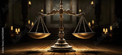 Justice concept. A balance scale in a dark court room. Hand edited generative AI. 