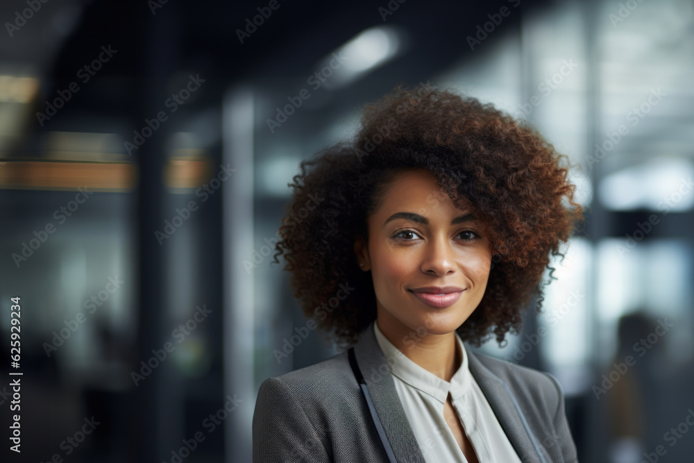 Young professional business woman standing and smile in blur office background. Young professional business woman standing and smile in blur office background.