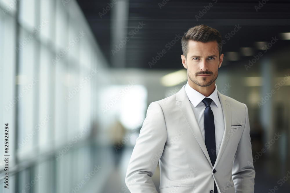 Young professional business Caucasian man standing and smile in blur office background. Young professional business Caucasian man standing and smile in blur office background.