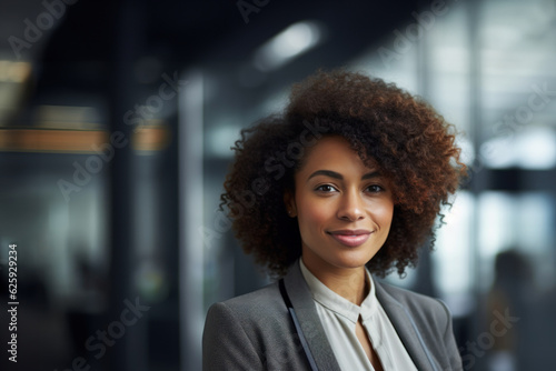 Young professional business woman standing and smile in blur office background.