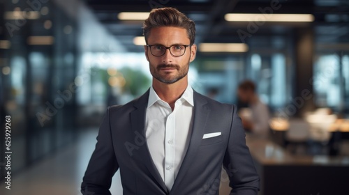 Young professional business Caucasian man standing and smile in blur office background.