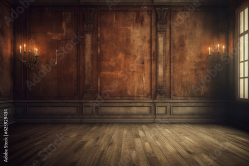 Old style room with blank wooden wall and candelabra